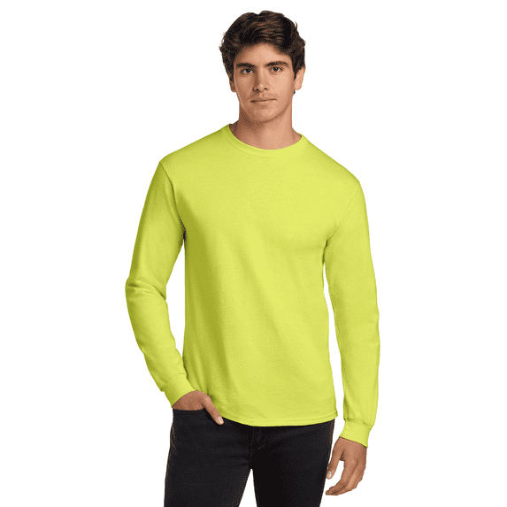 Gildan Long Sleeve Crewneck Safety T-Shirt for Men, Hi-Vis Classic Safety Green Workwear, 2XL