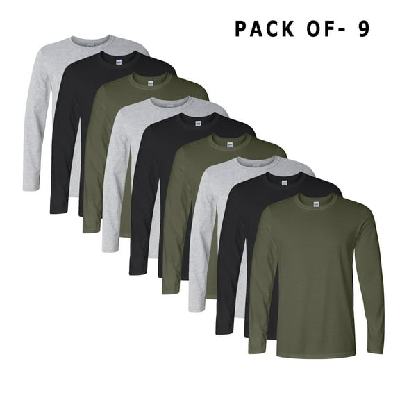 Gildan - Long Sleeve Crewneck T-Shirt Made with 4.5 Oz 100% Cotton | 9 Pack Mix Color Tee - S Size