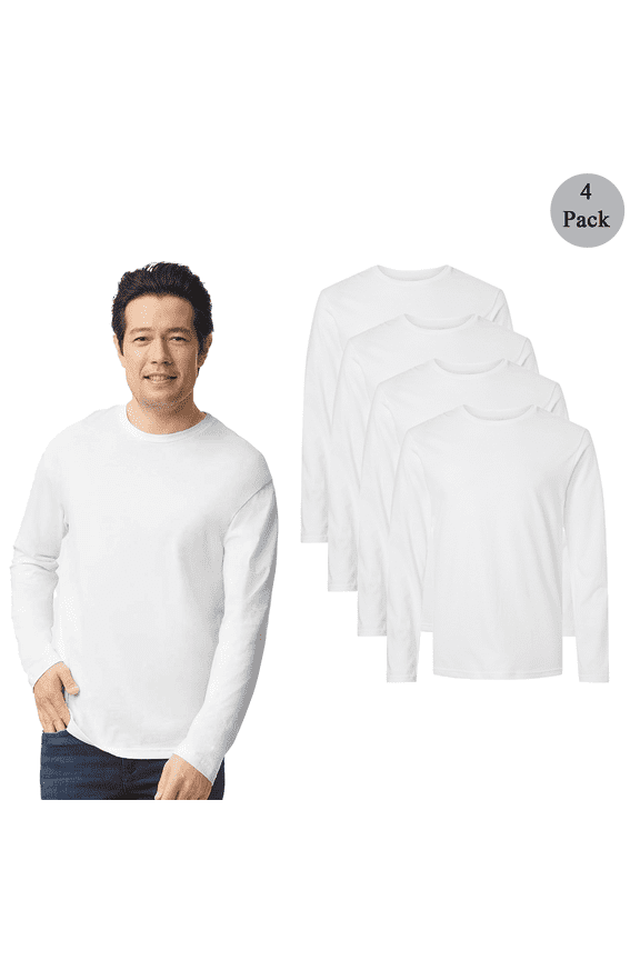 Long Sleeve Crewneck T-Shirt for Men, 4 Pack 100% Cotton Classic Fit White Tee, 2XL