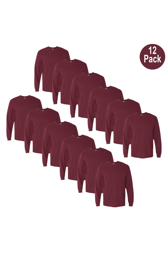 Long Sleeve Durable T-Shirt, Men Heavy Cotton Crew Neck Classic Fit Tee, Maroon, S, 12 Pack