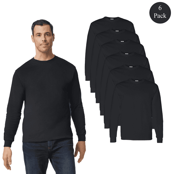 Gildan Long Sleeve Heavy Cotton T-Shirt for Men, Classic Fit Crew Neck Bulk Tee, Black, M, 6 Pack