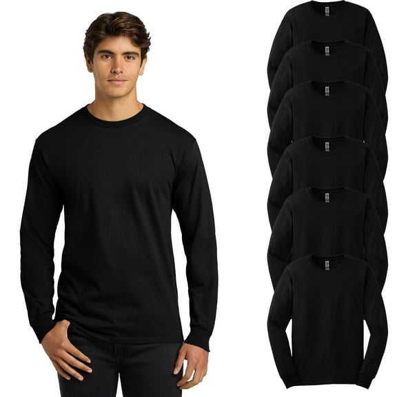 Gildan Long Sleeve Men Classic Fit T-Shirt, Ultra Cotton Crewneck Bulk Tee, Black, 6 Pack, L