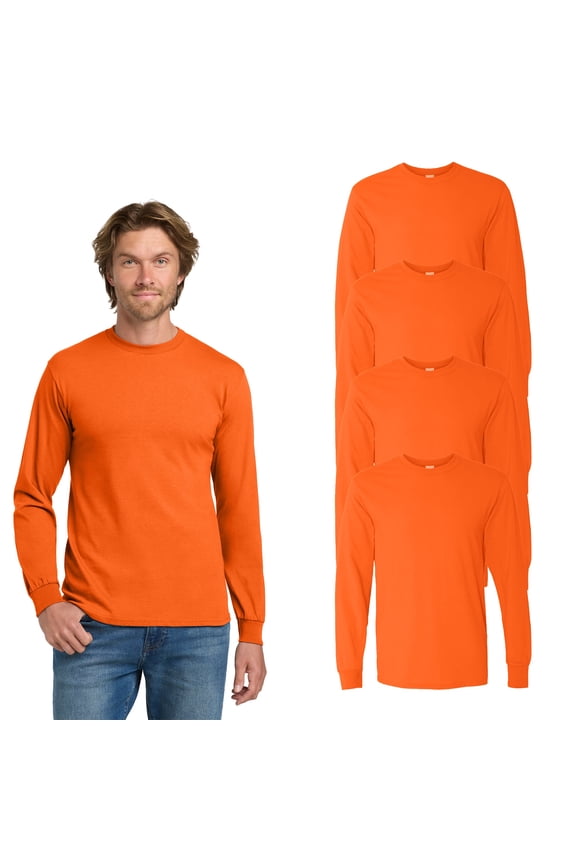 Long Sleeve Safety Shirt for Men, High Visibility Crewneck Work T-Shirt, Safety Orange, 4 Pack, L