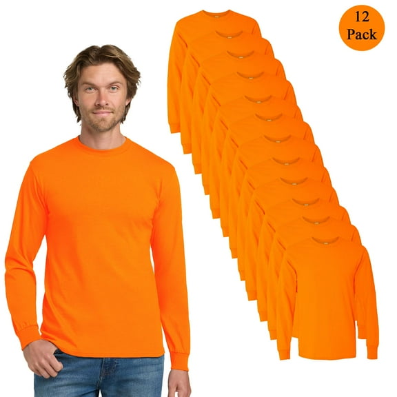 Gildan Long Sleeve Safety Workwear, Bulk Hi Vis Safety T-shirt for Men, Safety Orange, Pack 12, L