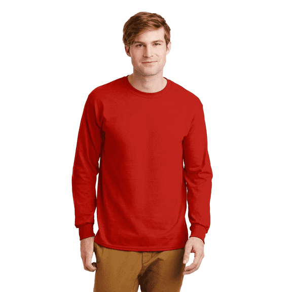 Gildan Long Sleeve T-Shirt for Adult Men Crew Neck Ultra Cotton Casual Tee comfort and durability Red Color 6 oz 100% Cotton Classic fit Long Shirt, Size-L