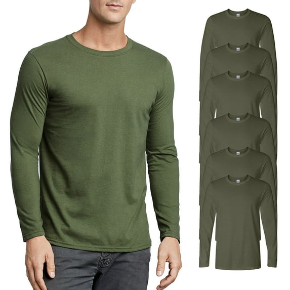 Gildan Long Sleeve T-Shirt for Adult Crew Neck Softstyle Military Green Color Shirt 4.5 oz 100% Ring-Spun Cotton Long Tee 6 Pack Size-S
