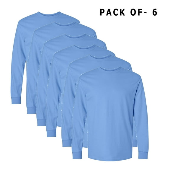 GOLDENROW Long Sleeve T-Shirt for Men -GR14, 100% Ultra Cotton Crewneck Tee, Carolina Blue Pack 6, S