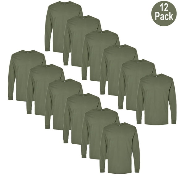 Gildan Long Sleeve T-Shirt for Men, Heavy Cotton Crew Neck Durable Tee, Military Green, 12 Pack, 3XL