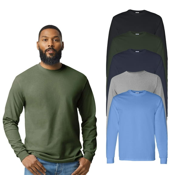 Gildan Long Sleeve T-Shirt for Men, Heavy Cotton Crew Neck Tee, Assorted Color, Pack Of 5, Size M