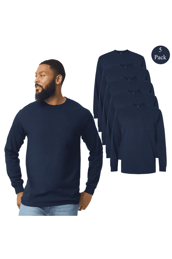 Long Sleeve Ultra Cotton Pocket T-Shirt for Men, Modern Fit Crewneck Navy Tee, 5 Pack, XL