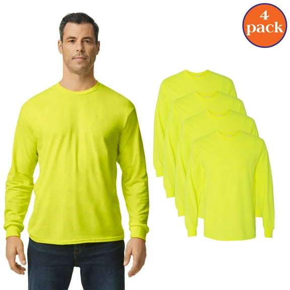 Gildan Long Sleeve Work Wear for Men, Outdoor Work Safety Shirt, Safety Green, Pack 4, 2XL