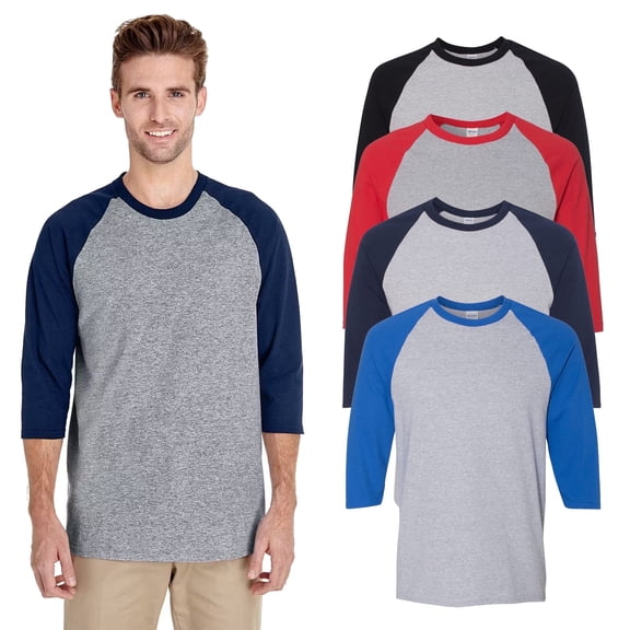 Gildan Men 3/4 Sleeve Raglan T-Shirt - Mix 4 Pack Sizes S-3XL | Heavy Cotton Assorted Three-Quarter Tee