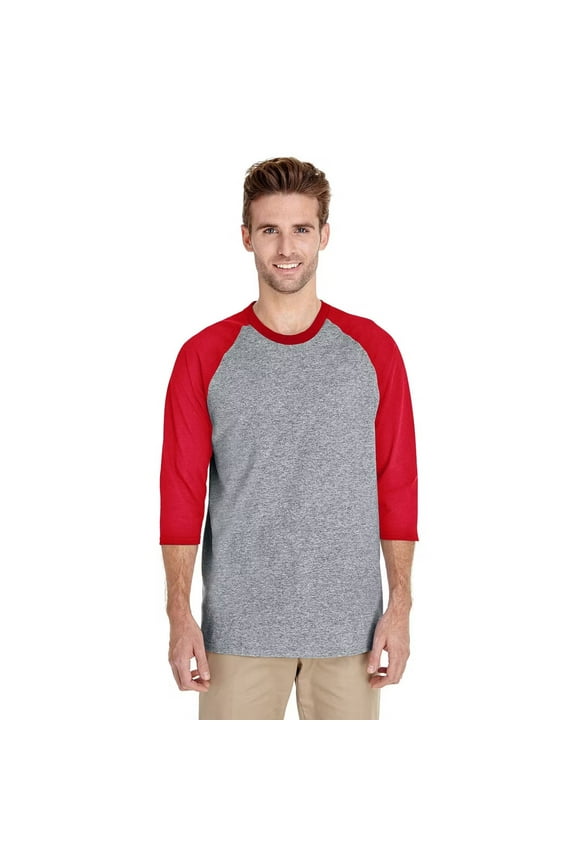 Men 3/4 Sleeve Raglan T-Shirt, Three-Quarter Tee - Heavy Cotton Sport Grey/Red, Sizes S-3XL, Baseball Shirt