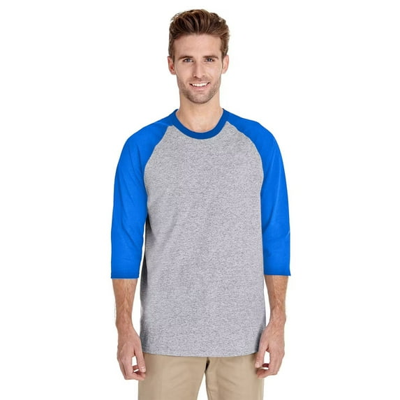 Gildan Men 3/4 Sleeve Raglan T-Shirt, Three-Quarter Tee - Heavy Cotton Sport Grey/Royal, Sizes S-3XL, Baseball Shirt