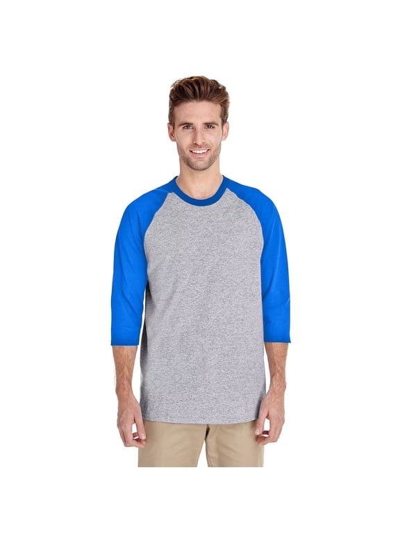 Men 3/4 Sleeve Raglan T-Shirt, Three-Quarter Tee - Heavy Cotton Sport Grey/Royal, Sizes S-3XL, Baseball Shirt