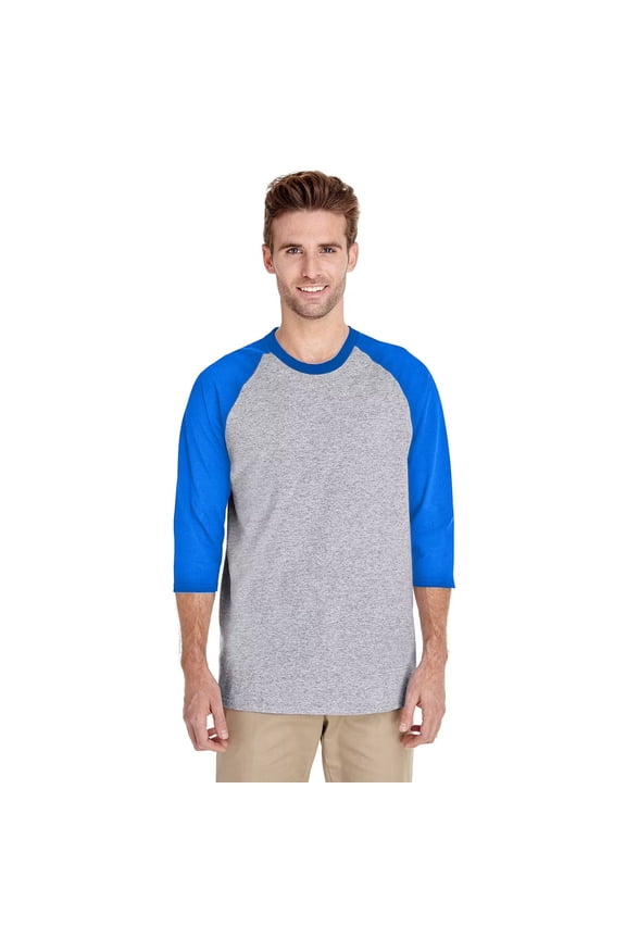 Men 3/4 Sleeve Raglan T-Shirt, Three-Quarter Tee - Heavy Cotton Sport Grey/Royal, Sizes S-3XL, Baseball Shirt