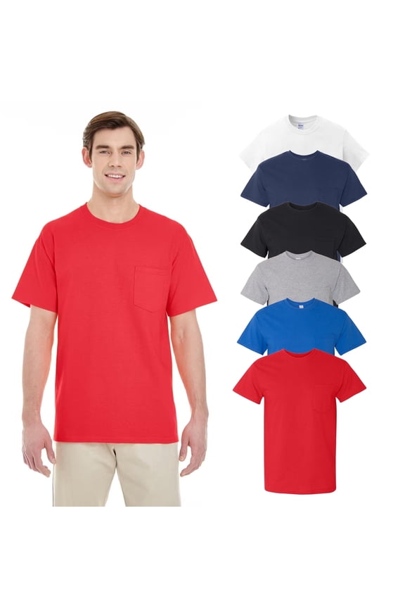 Men 6-Pack Pocket T-Shirt, Assorted Color Bulk, Crew Neck Short Sleeve Cotton Tee, Size S-3XL