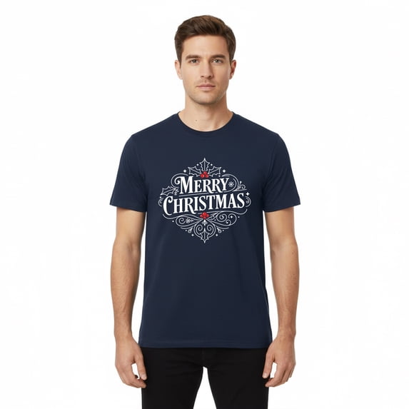 Gildan Men Christmas Short Sleeve Printed T-shirt, Crew Neck Merry Christmas Graphic Tee, Navy, 2XL