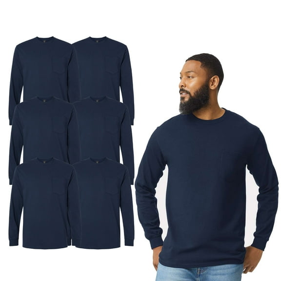Gildan Men Classic Fit Long Sleeve Pocket T-Shirt, Ultra Cotton 6 Pack Navy Bulk Tee, L