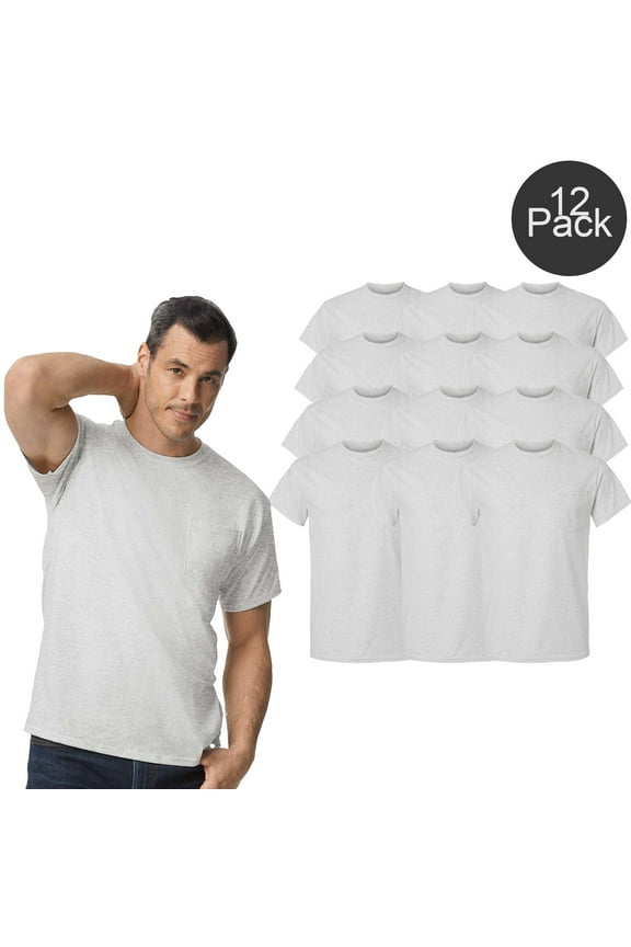 Men Crew Neck Pocket T-Shirt, Short Sleeve Classic Fit Bulk, Cotton Tee, Ash, S, 12 Pack
