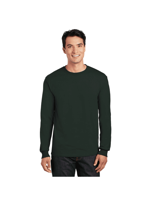 Men DryBlend 50/50 Long Sleeve T-Shirt, Moisture-Wicking Crew Neck Tee, Forest Green, L