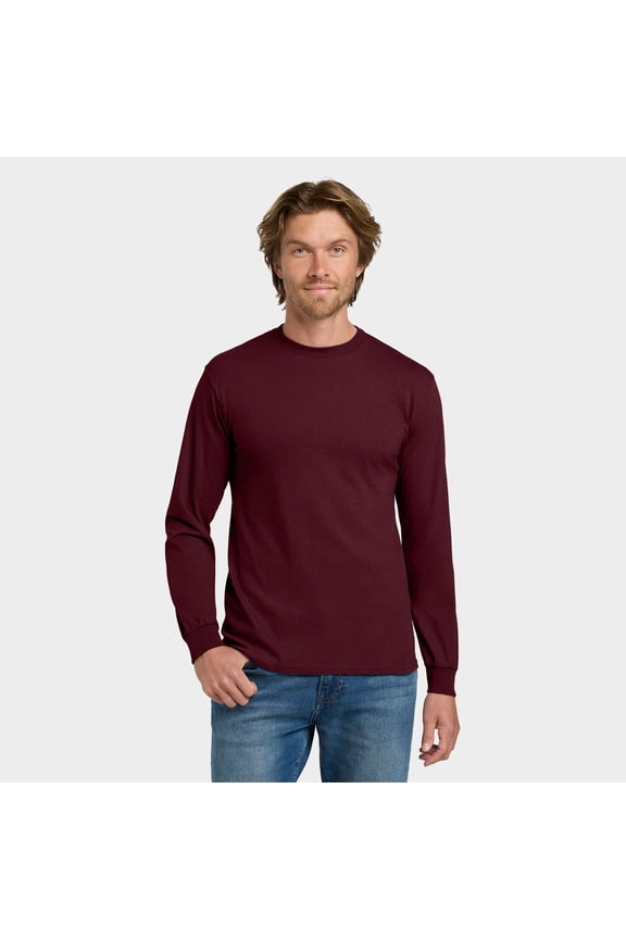 Men DryBlend 50/50 Long Sleeve T-Shirt, Moisture-Wicking Crew Neck Tee, Maroon, L