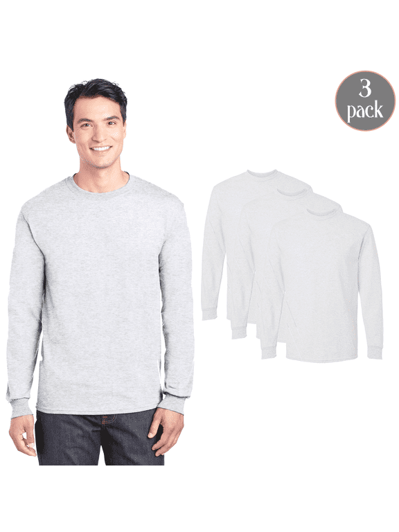 Men DryBlend Long Sleeve T-Shirt, Ash Color Crewneck Shirt, Rib Collar Classic Tee, 3-Pack M