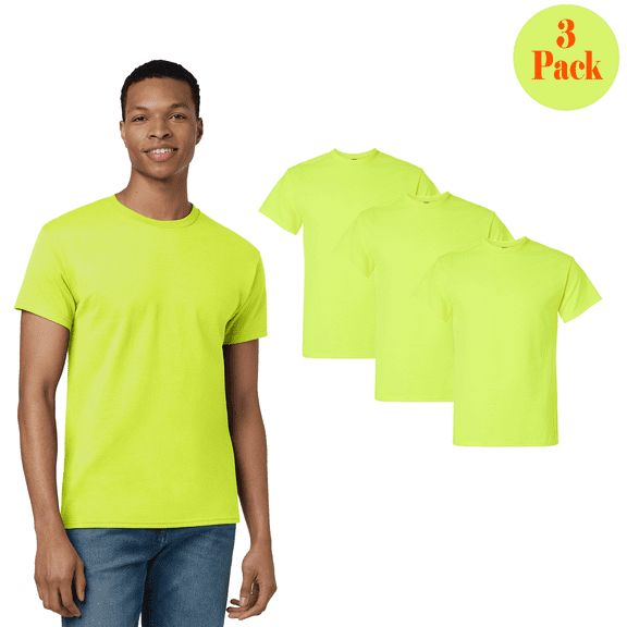 Gildan Men Heavy Cotton Hi Visibility Workwear T-Shirt , Short Sleeve Safety Green Tee, 3 Pack, L