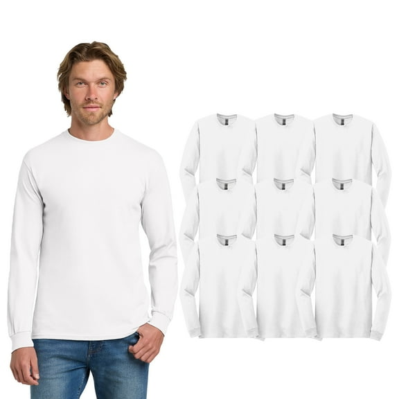 Gildan Men Heavy Cotton Long Sleeve T-Shirt, Comfortable Crewneck Bulk Tee, White, 9 Pack, L