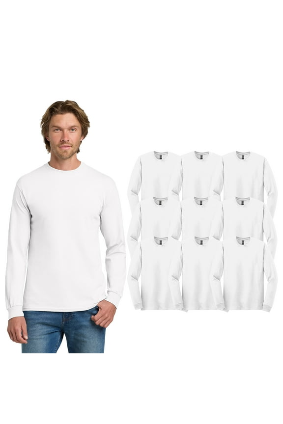 Men Heavy Cotton Long Sleeve T-Shirt, Comfortable Crewneck Bulk Tee, White, 9 Pack, M