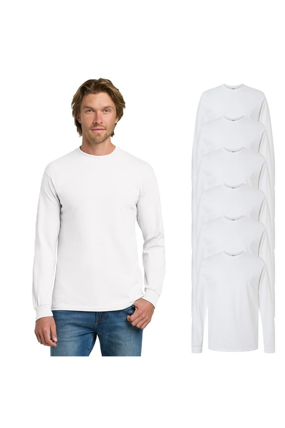 Men Heavy Cotton Long Sleeve T-Shirt, Crew Neck Classic Fit Blank Tee, White, L, 6 Pack