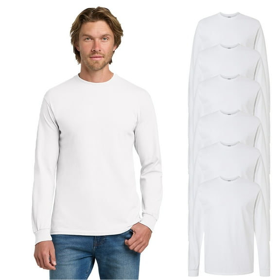 Gildan Men Heavy Cotton Long Sleeve T-Shirt, Crew Neck Classic Fit Blank Tee, White, XL, 6 Pack