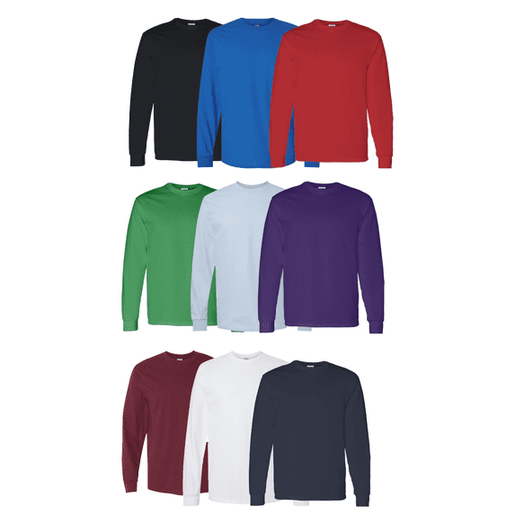 Gildan Men Heavy Cotton Long Sleeve T-Shirt, Crew Neck Classic Fit Tee, Assorted Color, 9 Pack, 2XL