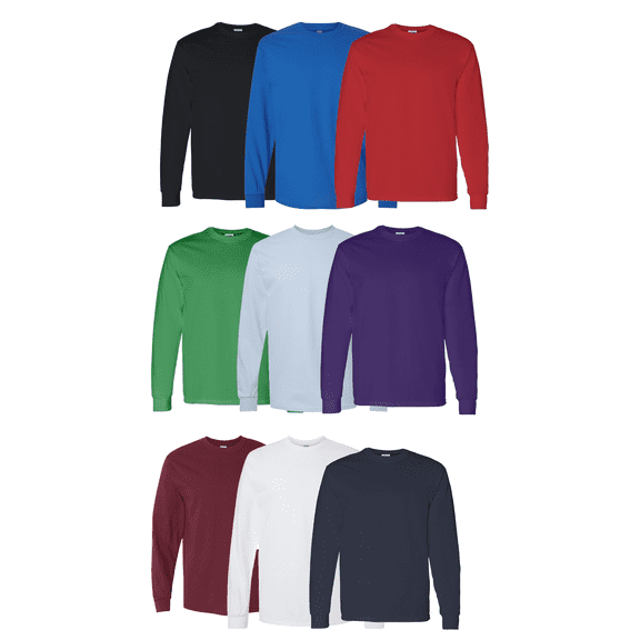 Gildan Men Heavy Cotton Long Sleeve T-Shirt, Crew Neck Classic Fit Tee, Assorted Color, 9 Pack, L