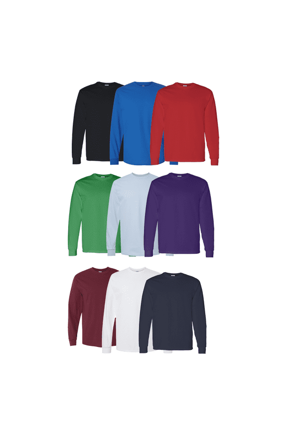 Men Heavy Cotton Long Sleeve T-Shirt, Crew Neck Classic Fit Tee, Assorted Color, 9 Pack, L