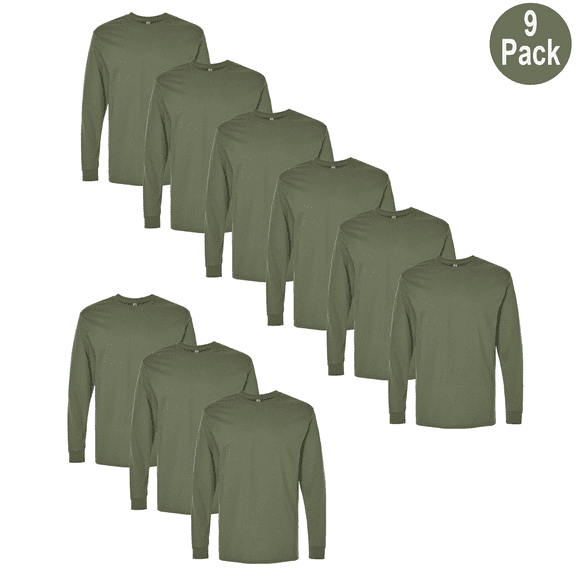 Gildan Men Heavy Cotton Long Sleeve T-Shirt, Crew Neck Comfortable Tee, Military Green, L, 9 Pack