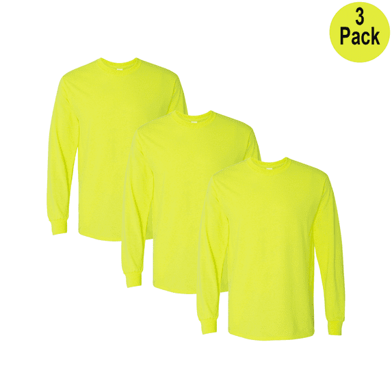 Gildan Men Heavy Cotton Long Sleeve T-Shirt, Hi Vis Safety Green, Cotton and Poly Blend, 3XL, 3 Pack