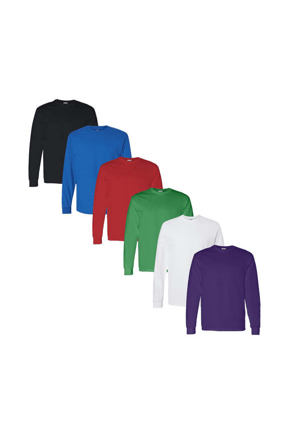 Men Heavy Cotton T-Shirt, Durable Long Sleeve Crew Neck Assorted Color Bulk Tee, 6-Pack, 3XL