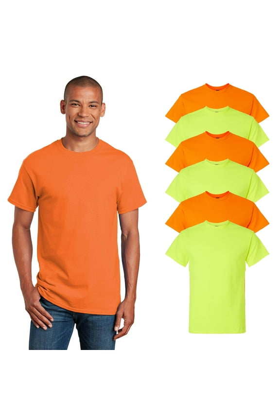 Men Hi-Vis Safety Work T-Shirt, Short Sleeve, 6 Pack, Green and Orange, 50/50 Cotton/Poly, L