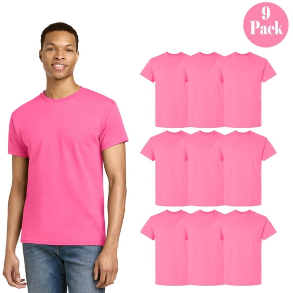 Gildan Men High Visibility T-Shirt, Short Sleeve Safety Pink Workwear Tee, Cotton/Poly, L, 9-Pack