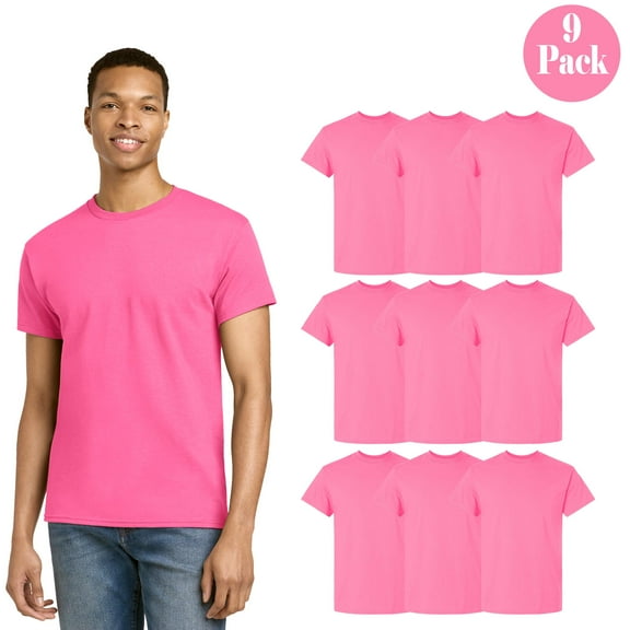 Gildan Men High Visibility T-Shirt, Short Sleeve Safety Pink Workwear Tee, Cotton/Poly, S, 9-Pack