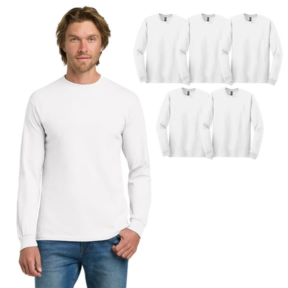 Gildan Men Long Sleeve Crewneck T-Shirt, Heavy Cotton Classic Fit 5 Pack Bulk White Tee, M