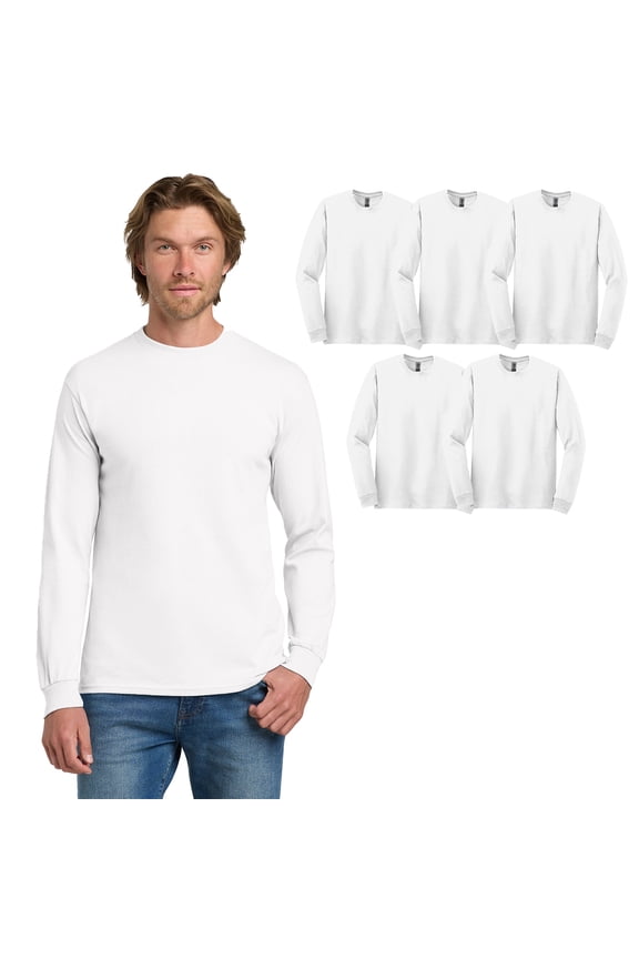Men Long Sleeve Crewneck T-Shirt, Heavy Cotton Classic Fit 5 Pack Bulk White Tee, M