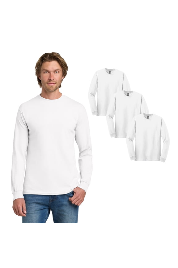 Men Long Sleeve Crewneck T-Shirt, Heavy Cotton Classic Fit White Tee, 3 Pack, S