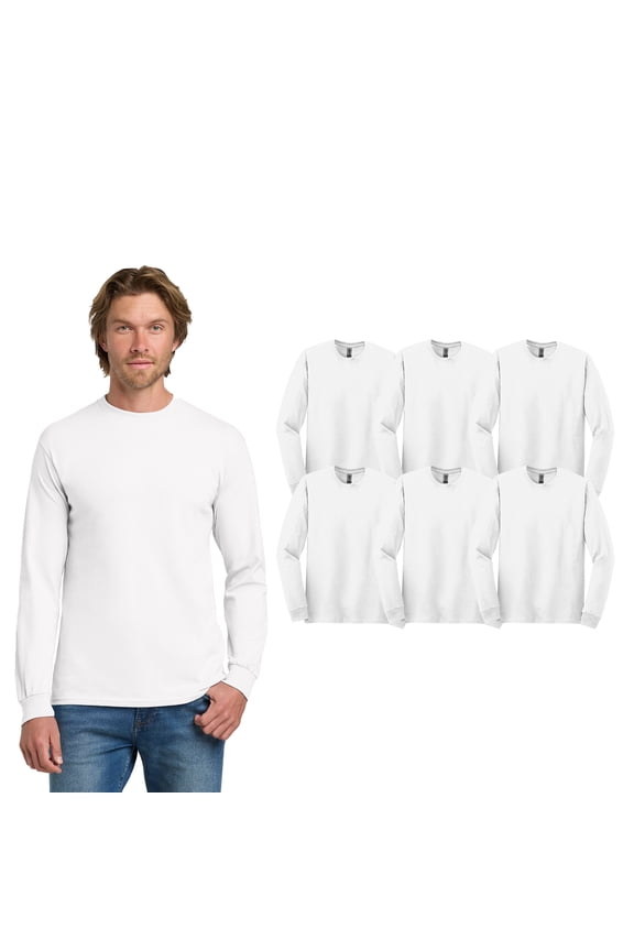 Men Long Sleeve Crewneck T-Shirt, Heavy Cotton Classic Fit White Tee, 6 Pack, L