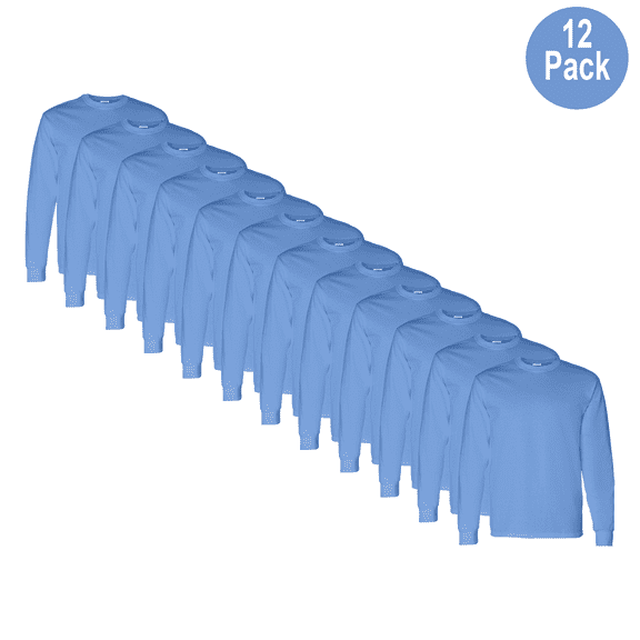 Gildan Men Long Sleeve Heavy Cotton T-Shirt, Crew Neck Classic Fit Tee, Carolina Blue, L, 12 Pack