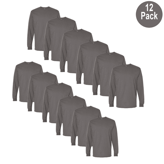 Gildan Men Long Sleeve T-Shirt, Heavy Cotton Crew Neck Classic Fit Bulk Tee, Charcoal, S, 12 Pack