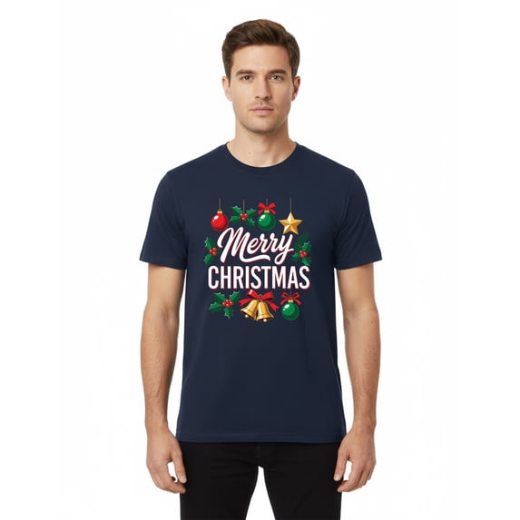 Gildan Men Merry Christmas Crew Neck Graphic T-shirt, Short Sleeve Christmas Printed Tee, Navy, L