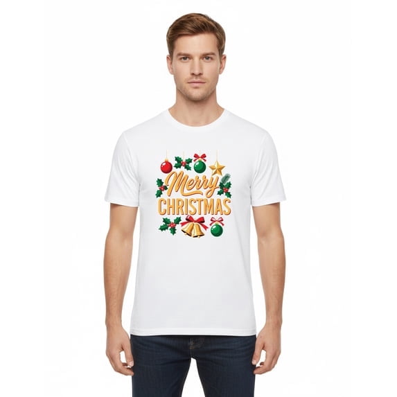 Gildan Men Merry Christmas Crew Neck Graphic T-shirt, Short Sleeve Christmas Printed Tee, White, XL