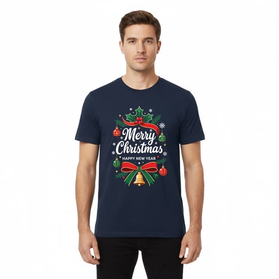 Gildan Men Merry Christmas Festive T-Shirt, Short Sleeve Funny Holiday Graphic Printed Navy Tee 2XL